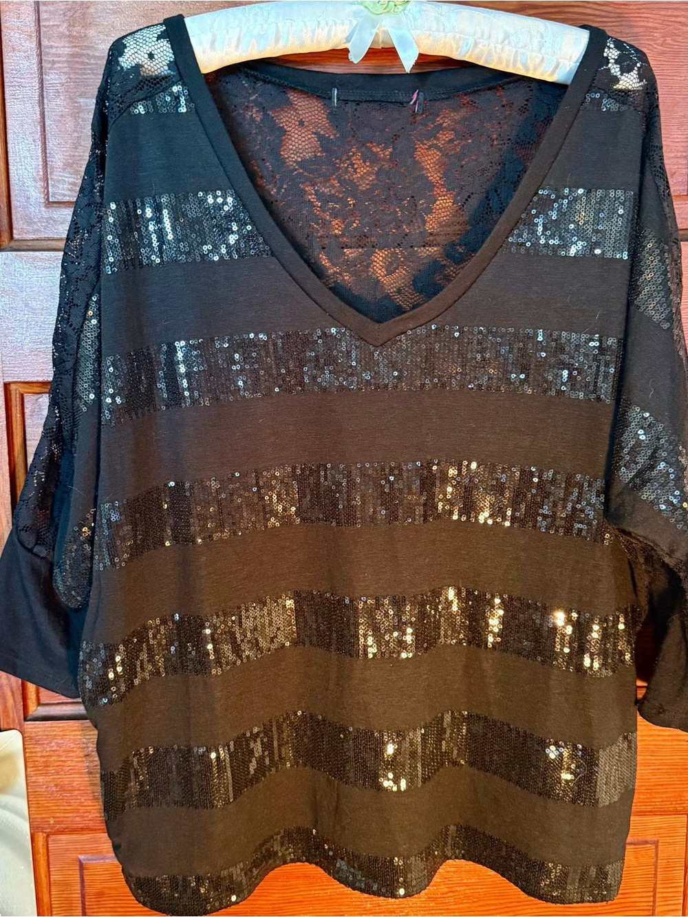Black Sequin Stripe V-Neck Lace Blouse Size Large